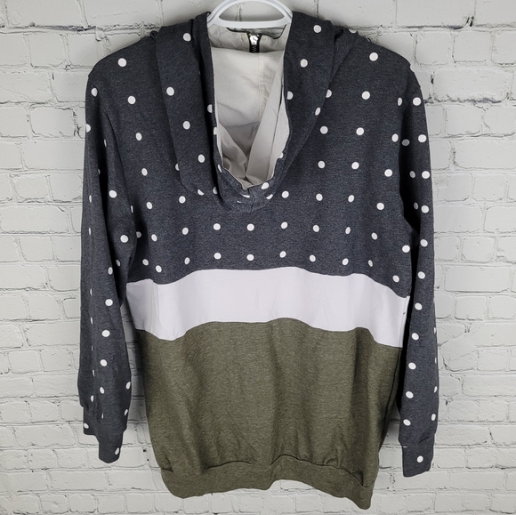 DAISY MAE | ⅓ zip polkadot color block high neck kangaroo pocket pullover hoodie - Picture 2 of 5